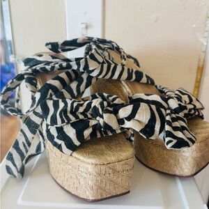 Sam Edelman Zebra Print Canvas Platform Sandals with Woven Straw Platform